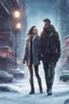 Placeholder: Science fiction, cyberpunk, city street, couple girl and guy, together, love at first sight, forbidden love, winter