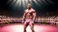 Placeholder: Highly detailed wide shot of Dwayne Johnson posing in a boxing ring, realistic, muscles, buff, flexing, pink skirt, eyebrows, large crowd