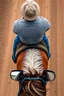 Placeholder: A man on horseback, top view, two car side mirrors are fixed on the horse sides in front. Camera view from the top to the horse rider and the hours including the two sides of the mirrors in front of the rider on the back of the horse