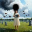 Placeholder: "DREAD IS ALL YOU KNOW" text in shaky writing, metaphoric, girl dressed in an ecru sun dress with a black void face despondently standing in a cemetery holding a small director's clapperboard with a swarm of black butterflies exiting the void face and forming a dark cloud in the sky, hallucinogenic color matte oil painting, photo negative glitchy rainbow pixelated corruption textures, unsettling nightmare setting, moody, sinister, profound, dramatic, fantastical,