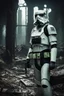 Placeholder: A haunting scene of a zombie Stormtrooper| decayed armor| eerie green (glowing eyes:1.2)| Staggering through a dark| abandoned Imperial base| (shadows:1.1) lurking in corners| Tattered remains of once pristine white armor| chilling atmosphere| (4k)| (8k)| Gruesome details| unsettling| cinematic| mysterious| captivating| spine-chilling| post-apocalyptic world