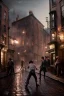 Placeholder: photorealistic painting of young boy fighting old boy, industrial era, 1800, night time, many people in tophats in background, diagon alley, glowing lights, reflections on ground, spots of fire