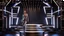 Placeholder: a 3d fractal stage structre made of metallic dark color 3d structures, pertty artistc background,dynamic lights,lady prances in modern fashion clothing dansing in stage