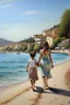 Placeholder: cote d'azur mother and child walking hand in hand from the back painting neoclassism sea