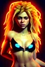 Placeholder: portrait, Shakira, blonde artist, angry, Realistic image, latex style dress. Skewers, loose long hair, eyes make up, perfect, glow, circle iris. Neon colors, leds, geometric shapes. Dark background, photo studio, neon lights. Mad max, concept art, smooth, unreal engine 5, god lights, ray tracing, RTX, lumen lighting, ultra detail, volumetric lighting, 3d, finely drawn, high definition, 4k.