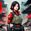 Placeholder: Futuristic battle-scarred but optimistic Vietnamese female marauder, sly half-smile, red and black bulletproof vest, post-apocalyptic background, anime style