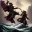 Placeholder: a pirate warrior in maroon and black full battle armor, a highly detailed illustration, background of giant crashing ocean waves, realistic render, 8 k, micro detail, intricate, elegant, centered, digital painting, Artstation, smooth, sharp focus, illustration, artgerm, tomasz alen kopera, peter mohrbacher, donato giancola, joseph christian leyendecker, wlop, boris vallejo