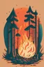 Placeholder: perfect round ball burning in a bonfire inside a forest, 2D flat illustration style, monoline, 3 colors max