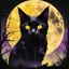 Placeholder: double exposure of a scary black cat by Andreas Lie, magnificent evil screaming black cat silhouette against a yellow full moon in the vision, noir imagery transparent photo layering, midnight malignancy visions, by Russ Mills, by Esau Andrews; by Simon Bisley ethereal horror hyperdetailed mist, holographic cosmic illustration mixed media, purple hues and yellow tints, ink splatter