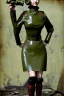 Placeholder: Russian military girl. Steam-punk style face and head with integrated old-fashioned cameras and phone. Army green surfaces body, latex. Perfect body, thick thighs and calves. simple face. Wide hip, skirt bleats nicely. Partly symmetrical. Straitjacket. Rusty and decayed background. Steam-plunge air-bottles. Euclidean 3D-tiling walls. 5th dimensional surface structures. Oppressive atmosphere