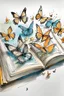Placeholder: A Watercolor and pen sketch of a dozen butterflies flying out of the pages of an old book, soft colours, realistic proportions, romantic