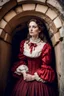 Placeholder: young woman with brown hair in victorian style wearing a red historical dress bruises under her eyes and gentle and kind face, From the perspective looking up from the bottom of an empty well,