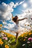 Placeholder: romantic environment heaven flowers clear nice clouds ,young girl gracefully dancing and presenting her joy and youth ,full body shot,sharp focus, surreal environment