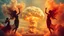 Placeholder: a nuclear explosion cloud(middle), the wind and smoke from the explosion forming shapes of dancing women(left and right sides), worship, fantacy