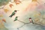 Placeholder: closeup, a colorful hummingbird family perched in the canopy, the siblings eating (opened mouth, the mother feeding them), twilight, looking down on the river through the canopy of a tree, on a misty twilight. over a misty pond in the hieght of fall. Watercolour by Alison Brady. Pastel colours S<AI in sunshine, ethereal, otherwordly, cinematic postprocessing