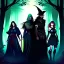 Placeholder: A group of four characters from a fictional book world. A witch, a gladiator, a thief, and an enchanter. The characters are in a dark forest. The characters are shrouded in mystery.