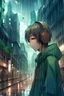 Placeholder: Boy, headphones, dubbed anime word on the board, city, rain, anime