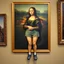 Placeholder: A painting of Mona Lisa on the wall, the frame with shorts and Crocs attached to her human legs