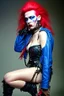 Placeholder: photo of a beautiful Polish young punk woman taken by a Mamiya M645 camera with portrait lens on colour medium-format film, red lips, blue eyes, red mohawk, black leather jacket, Ramones style, heavy boots, fishnet stockings, torn t-shirt, nosering, few earrings, belly ring