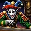 Placeholder: fantasy 90's tcg art jester with white mask happy heroic