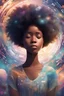 Placeholder: An ethereal digital landscape featuring an afro caribbean teenage girl surrounded by swirling pixels and virtual elements, her eyes closed in serene meditation as she finds solace and inner peace within the virtual oasis.