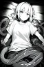 Placeholder: girl in T-shirt lying on the ground and covered with snakes, greyscale