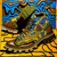 Placeholder: brown moutain shoes , art, oil drawing, bright, keith haring, picasso