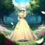 Placeholder: anime girl holding on to a dried dandelion flower and blowing the dried seeds into the air as the wind carries them away. outdoors scene.anime girl standing in a meadow of flowers. thw wind is blowing flower pedals into the wind. girl wearing yellow dress. more emphasis on seeds floating in the air. lots of seeds floating the air. lots of flower pedal floating the air behind the girl