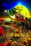 Placeholder: A weird abstract image of an oasis, a camel, astronot, broken bicycle, bush of yellow roses, clear skies with red moon, army tanker, weird, chaos80, surrealism