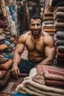 Placeholder: close up photography of a burly beefy muscular strong 34-year-old marocan man in Istanbul bazaar, shirtless, selling carpets sitting on a pile of carpets, biig shoulders, manly chest, very hairy, side light, view from the ground