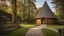 Placeholder: woodland path leads to large round cylindrical circular wooden church building, roof windows, conical roof, hobbit style, sunshine, peaceful, beautiful lighting, attractive composition, photorealistic, extremely detailed, chiaroscuro, rule of thirds, award-winning photograph