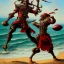 Placeholder: A mighty pirate warrior in dark red armor, throwing a football, beach background, style by peter mohrbacher, donato giancola, joseph christian leyendecker, wlop, boris vallejo