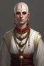 Placeholder: full length 22-year old, grey eyed, bald female human cleric with a necklace of red beads