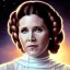 Placeholder: extremely detailed 8k hyperspace wallpaper,complete and photo realistic detailed head to waist stunning photo realistic portrait of carrie fisher as Princess Leia in star wars with photo realistic fine, simple and symetric hairstyle, brown eyes, professional majestic photo realistic painting by Ed Blinkey, Atey Ghailan, by Jeremy Mann, Greg Manchess, Antonio Moro, trending on ArtStation, Intricate, High Detail, Sharp focus, dramatic, by greg rutkowski, realism, beautiful and detailed lighting,