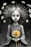 Placeholder: pencil and charcoal sketch of a cute happy little dandelion fairy girl, Mucha inspired emotional nature ephemeral sculptures of Andy Goldsworthy, tiny human form, essence captured as if created by surrealist photographer Noel S Osvald rendered in bright ombre colors, mixed with influences by John Bauer and Tim Burton, faded dark grey background, minimalistic art, with details that reflect advanced rendering techniques that push the drawing's realism even further Modifiers: trending on Artstation