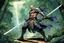Placeholder: (in the style of Orion, by Masamune Shirow) DUEL: a tattooed gangsta monk with his staff fights against a paladin knight with his two handed sword zweihander in the jungle
