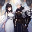 Placeholder: Girl with white hair wearing white robes. Boy with black hair wearing leather armor