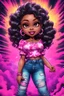 Placeholder: vibrant psychedelic comic book image, airbrush, 48k, cartoon art of a chibi curvy black female wearing torn jeans pants and a pink tie dye off the shoulder blouse. Prominent make up with lush lashes. Highly detailed sleek wavy ponytail