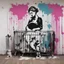 Placeholder: Banksy wall color graffiti depicting a pregnant mother standing wistfully besides a crib, Style by Banksy and WRDSMTH, maudlin, baby mobile, moody, spray paint splatter