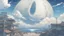 Placeholder: giant half transparent moon, glitchy, blurry, mechanical, sci-fi, maximum quality, centered on frame, far view, seasidel, white sky with cumulonimbus, anime, makoto shinkai style, japanese harbor