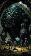 Placeholder: Dark fantasy painting art style. A man-sized, iridescent, naturally armored hexapod larvae. A child-sized, gray, apodous creature with a segmented, rotund torso. A bear-sized, black, apodous creature with a segmented, rotund torso surrounded by alien eggs. Within a pitch black cave