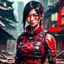Placeholder: Futuristic battle-scarred blood-stained but optimistic Vietnamese female assassin, sly half-smile, red and black bulletproof vest, post-apocalyptic background, anime style