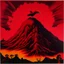 Placeholder: A giant dark red volcano with a Phoenix on top painted by Andy Warhol