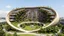 Placeholder: A unique residential complex designed as a large, smooth torus (doughnut) shape. The circular structure encloses a lush, green courtyard, and the outer walls are a mix of glass and vegetation. The curvature of the torus creates a sense of fluidity and unity, with the apartments arranged to follow the continuous curve of the building. Award-winning photograph.