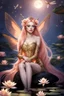 Placeholder: Peach hair , light peach hair, dark,night dark gold,gold,golden,rapunzel hair,dragonflies,water lilies, night,light,,butterflies,elven ears,dark fairy ,night sky,stars,princess,nymph,sparkle,glitter,orchids