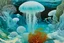 Placeholder: A cyan reef with icy jellyfish painted by Frank Lloyd Wright