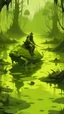 Placeholder: A light yellowish dark green swamp with bugs in daylight painted, a man riding on a back of a frog