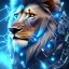 Placeholder: a lion face made with cyber punk elements with blue diamonds and cables from head to body, high detail, photo, kybernetic, 8k, ray-tracing