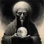 Placeholder: Blind gnostic seer with milky write eyes, holding a glass globe with an eye in it, stylish oil painting, Ted McKeever style, by Zdzislaw Beksinski, ink wash mind-bending painting, dark shine, by VS Gaitonde