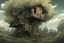 Placeholder: tree house , overgrown apocalyptic background, comic book,